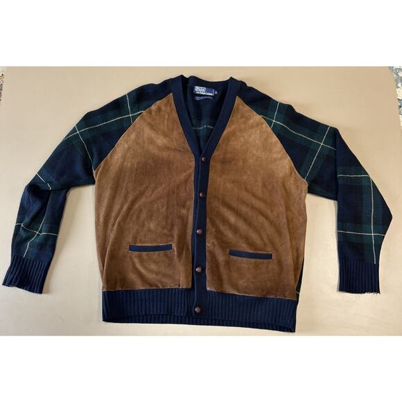 RARE Polo Ralph Lauren Brown Leather Tartan Plaid Cashmere XL cardigan sweater